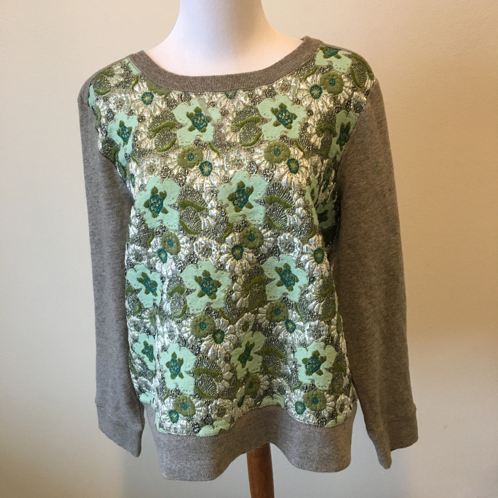 J Crew Green Silver Sweatshirt Floral SZ XL